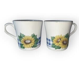 Vintage Corning Yellow Sunflower with Blue Plaid Made in the USA Coffee Cups